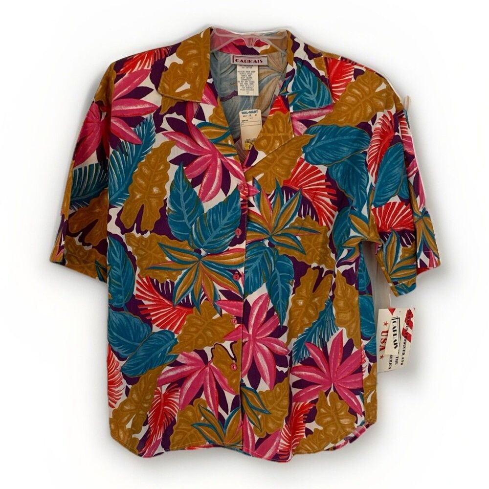 Vintage Cabrais Hawaiian Floral Print Shirt Size 12 New USA 80s Surfer Tropical